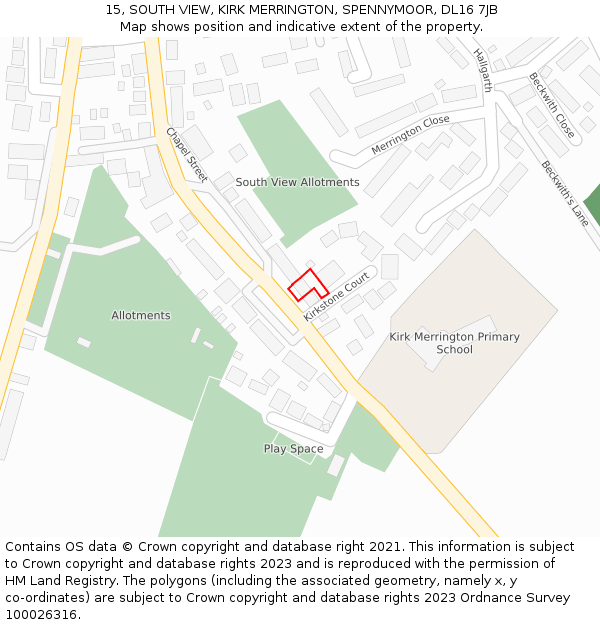 15, SOUTH VIEW, KIRK MERRINGTON, SPENNYMOOR, DL16 7JB: Location map and indicative extent of plot