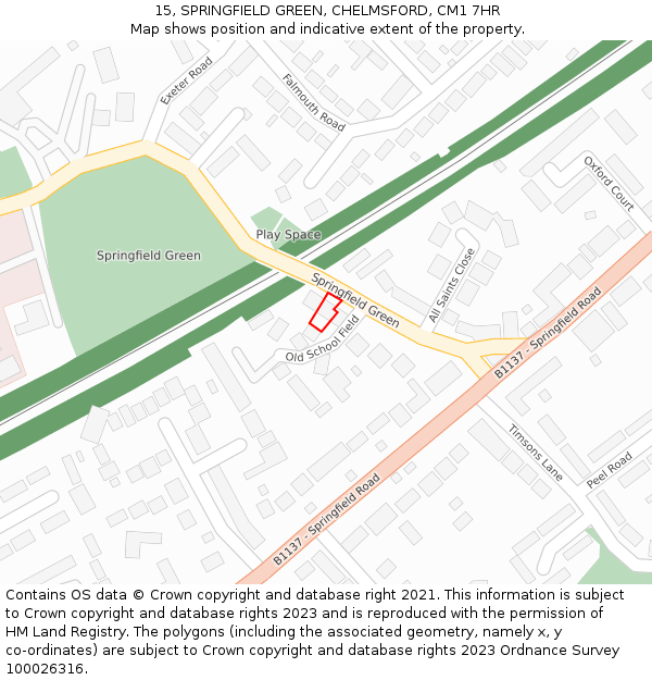 15, SPRINGFIELD GREEN, CHELMSFORD, CM1 7HR: Location map and indicative extent of plot