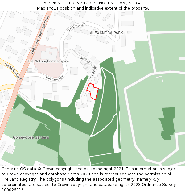 15, SPRINGFIELD PASTURES, NOTTINGHAM, NG3 4JU: Location map and indicative extent of plot