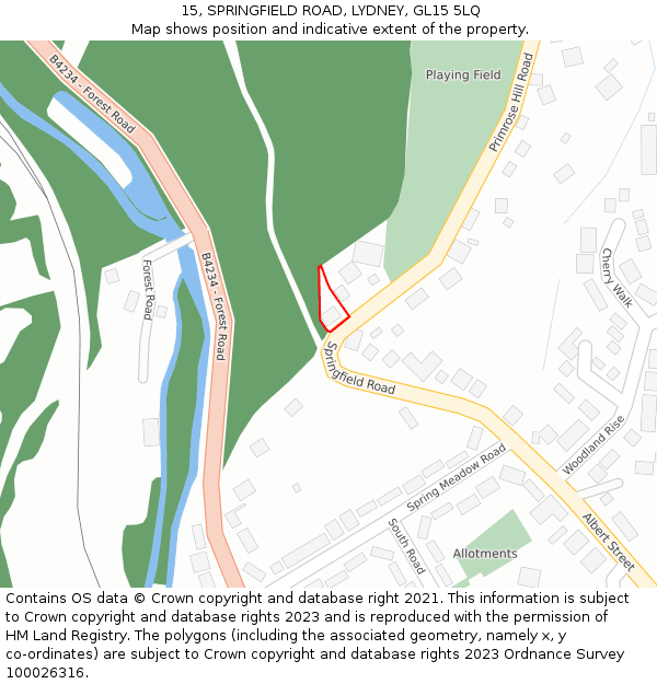 15, SPRINGFIELD ROAD, LYDNEY, GL15 5LQ: Location map and indicative extent of plot