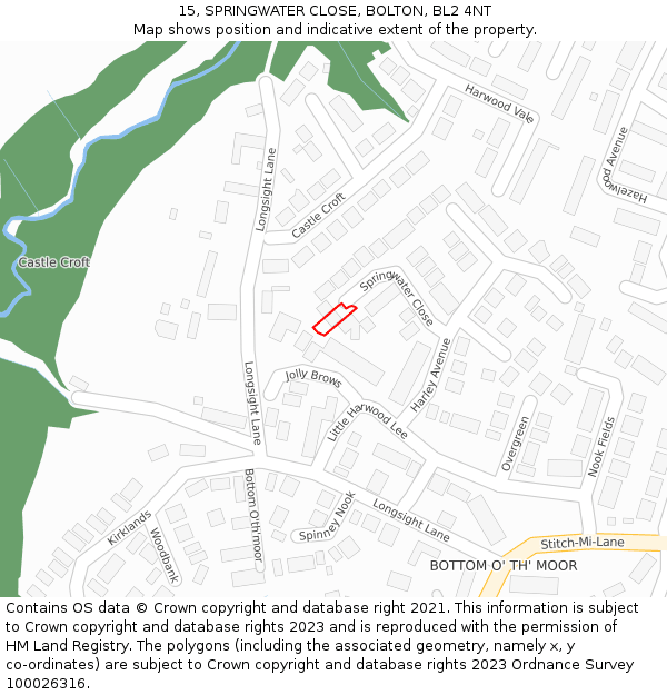 15, SPRINGWATER CLOSE, BOLTON, BL2 4NT: Location map and indicative extent of plot