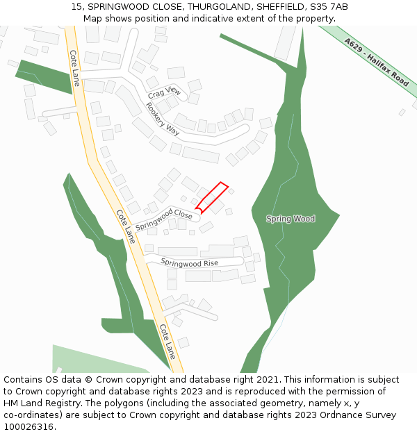 15, SPRINGWOOD CLOSE, THURGOLAND, SHEFFIELD, S35 7AB: Location map and indicative extent of plot