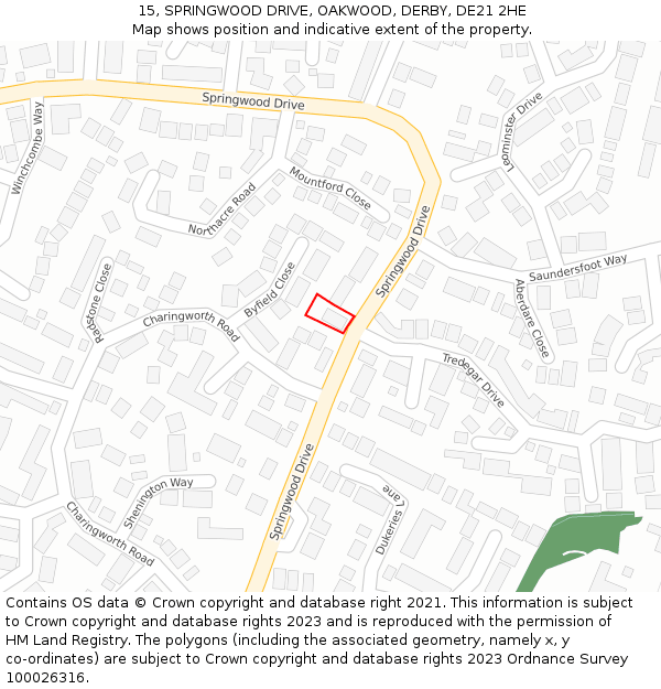 15, SPRINGWOOD DRIVE, OAKWOOD, DERBY, DE21 2HE: Location map and indicative extent of plot
