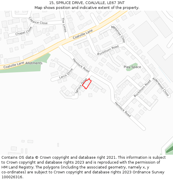 15, SPRUCE DRIVE, COALVILLE, LE67 3NT: Location map and indicative extent of plot