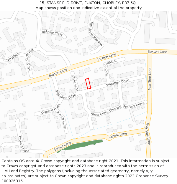 15, STANSFIELD DRIVE, EUXTON, CHORLEY, PR7 6QH: Location map and indicative extent of plot