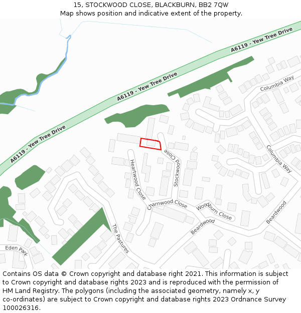 15, STOCKWOOD CLOSE, BLACKBURN, BB2 7QW: Location map and indicative extent of plot