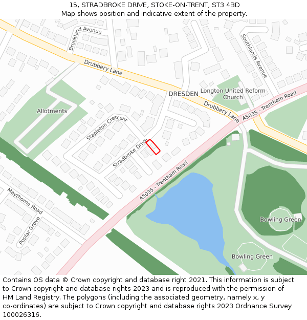 15, STRADBROKE DRIVE, STOKE-ON-TRENT, ST3 4BD: Location map and indicative extent of plot