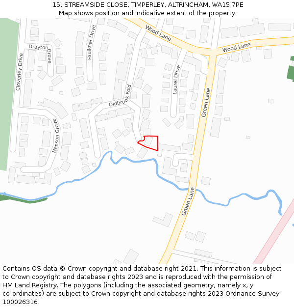 15, STREAMSIDE CLOSE, TIMPERLEY, ALTRINCHAM, WA15 7PE: Location map and indicative extent of plot