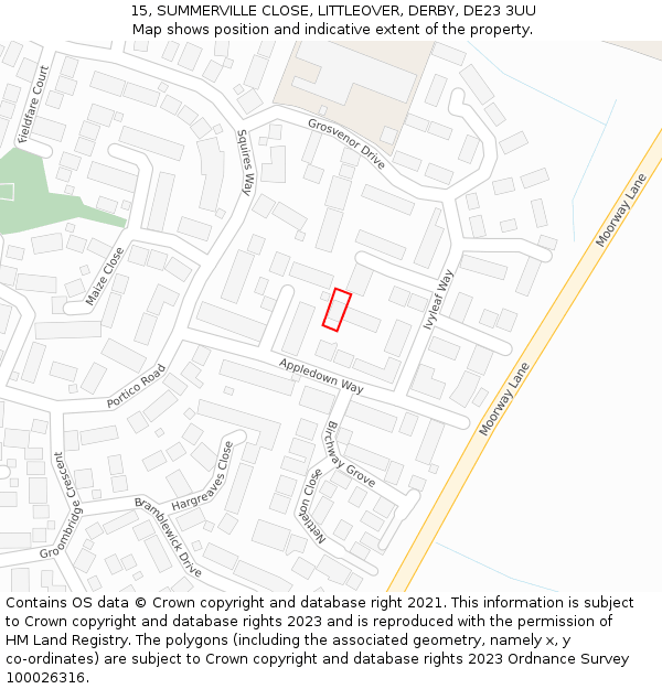 15, SUMMERVILLE CLOSE, LITTLEOVER, DERBY, DE23 3UU: Location map and indicative extent of plot