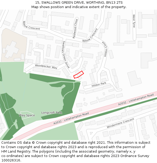 15, SWALLOWS GREEN DRIVE, WORTHING, BN13 2TS: Location map and indicative extent of plot