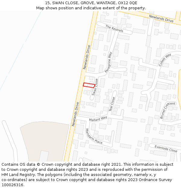 15, SWAN CLOSE, GROVE, WANTAGE, OX12 0QE: Location map and indicative extent of plot