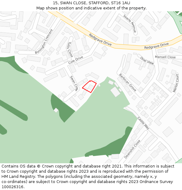 15, SWAN CLOSE, STAFFORD, ST16 1AU: Location map and indicative extent of plot