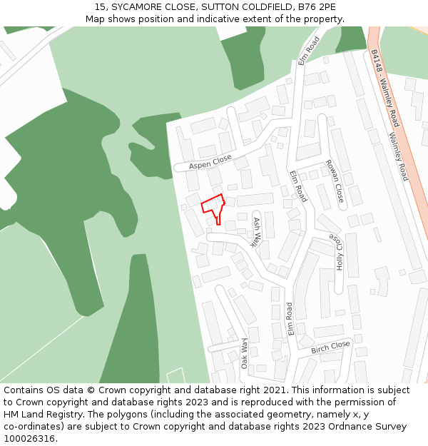 15, SYCAMORE CLOSE, SUTTON COLDFIELD, B76 2PE: Location map and indicative extent of plot