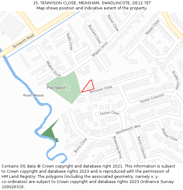15, TENNYSON CLOSE, MEASHAM, SWADLINCOTE, DE12 7ET: Location map and indicative extent of plot