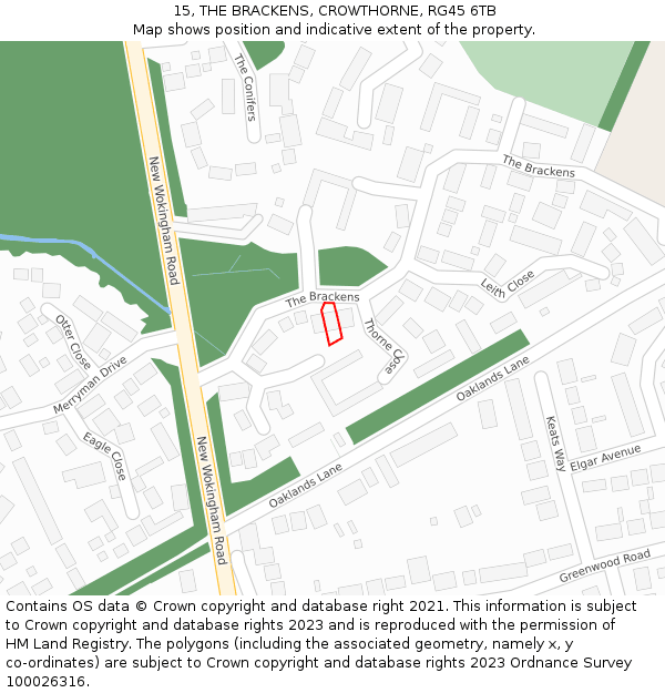 15, THE BRACKENS, CROWTHORNE, RG45 6TB: Location map and indicative extent of plot