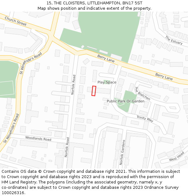 15, THE CLOISTERS, LITTLEHAMPTON, BN17 5ST: Location map and indicative extent of plot