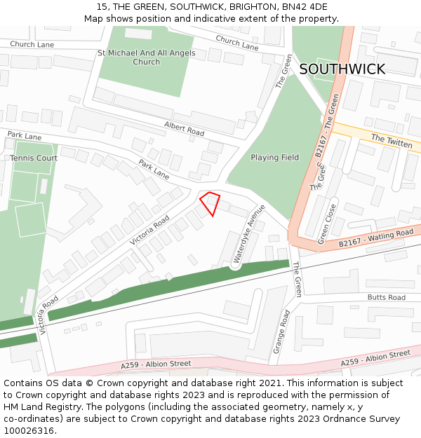 15, THE GREEN, SOUTHWICK, BRIGHTON, BN42 4DE: Location map and indicative extent of plot