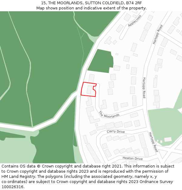 15, THE MOORLANDS, SUTTON COLDFIELD, B74 2RF: Location map and indicative extent of plot