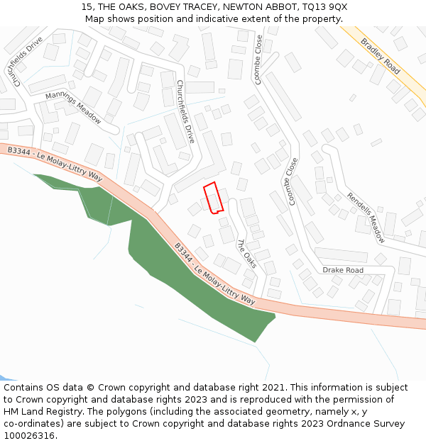 15, THE OAKS, BOVEY TRACEY, NEWTON ABBOT, TQ13 9QX: Location map and indicative extent of plot