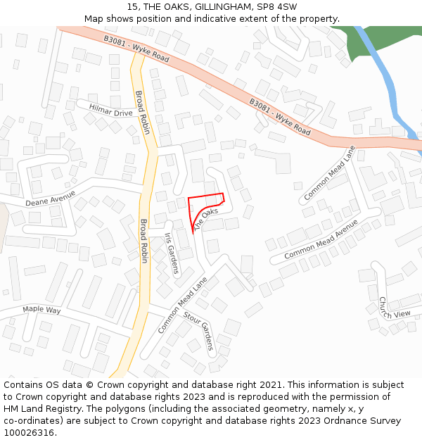 15, THE OAKS, GILLINGHAM, SP8 4SW: Location map and indicative extent of plot
