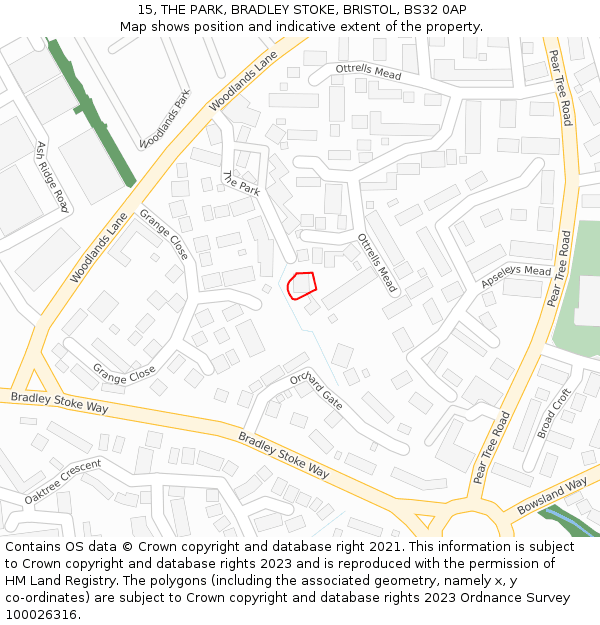 15, THE PARK, BRADLEY STOKE, BRISTOL, BS32 0AP: Location map and indicative extent of plot