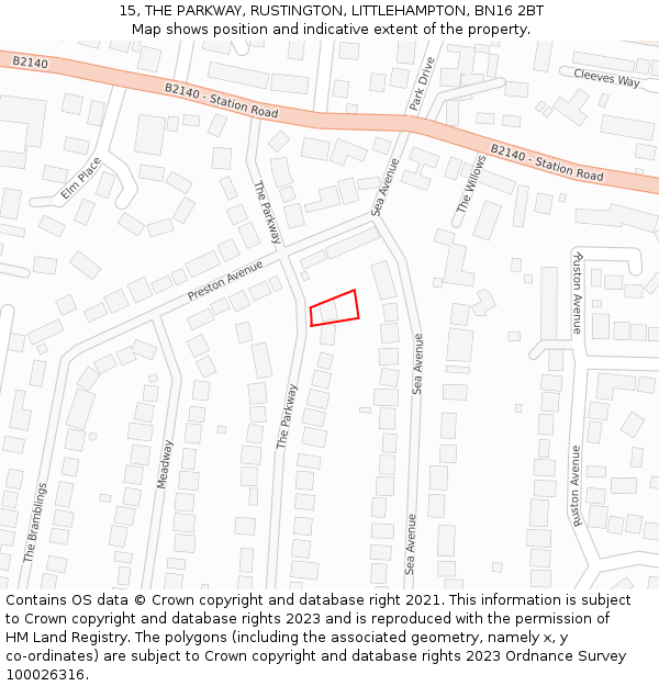 15, THE PARKWAY, RUSTINGTON, LITTLEHAMPTON, BN16 2BT: Location map and indicative extent of plot