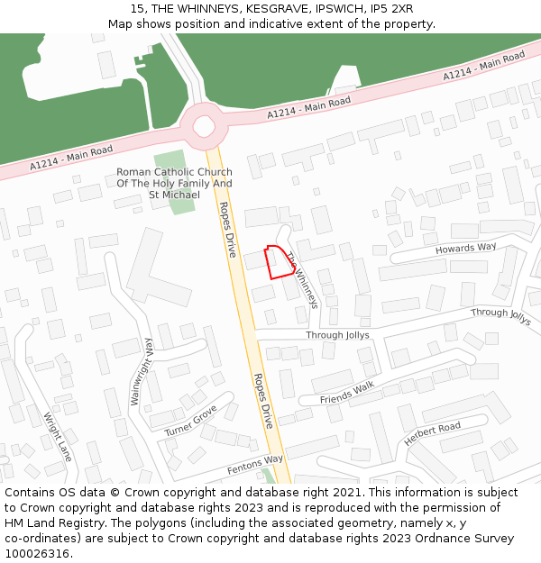 15, THE WHINNEYS, KESGRAVE, IPSWICH, IP5 2XR: Location map and indicative extent of plot