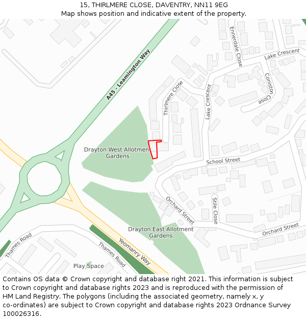 15, THIRLMERE CLOSE, DAVENTRY, NN11 9EG: Location map and indicative extent of plot