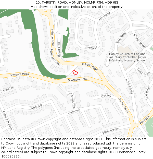 15, THIRSTIN ROAD, HONLEY, HOLMFIRTH, HD9 6JG: Location map and indicative extent of plot