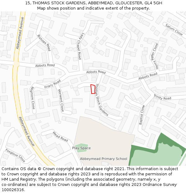 15, THOMAS STOCK GARDENS, ABBEYMEAD, GLOUCESTER, GL4 5GH: Location map and indicative extent of plot