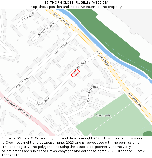 15, THORN CLOSE, RUGELEY, WS15 1TA: Location map and indicative extent of plot
