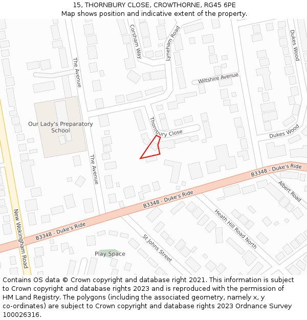 15, THORNBURY CLOSE, CROWTHORNE, RG45 6PE: Location map and indicative extent of plot