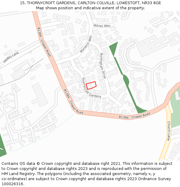 15, THORNYCROFT GARDENS, CARLTON COLVILLE, LOWESTOFT, NR33 8GE: Location map and indicative extent of plot