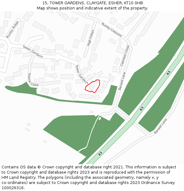 15, TOWER GARDENS, CLAYGATE, ESHER, KT10 0HB: Location map and indicative extent of plot