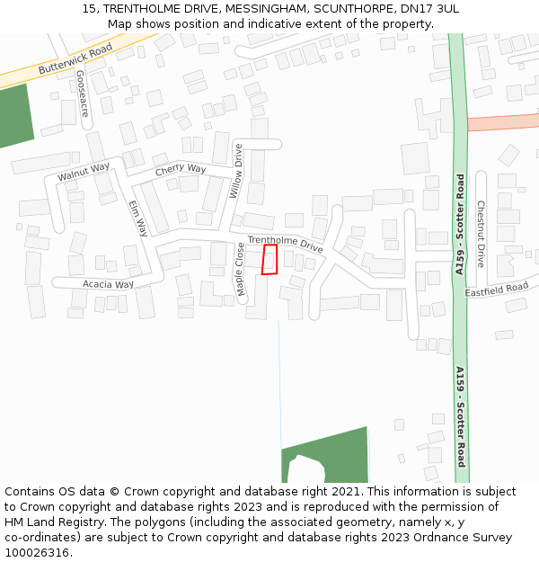 15, TRENTHOLME DRIVE, MESSINGHAM, SCUNTHORPE, DN17 3UL: Location map and indicative extent of plot
