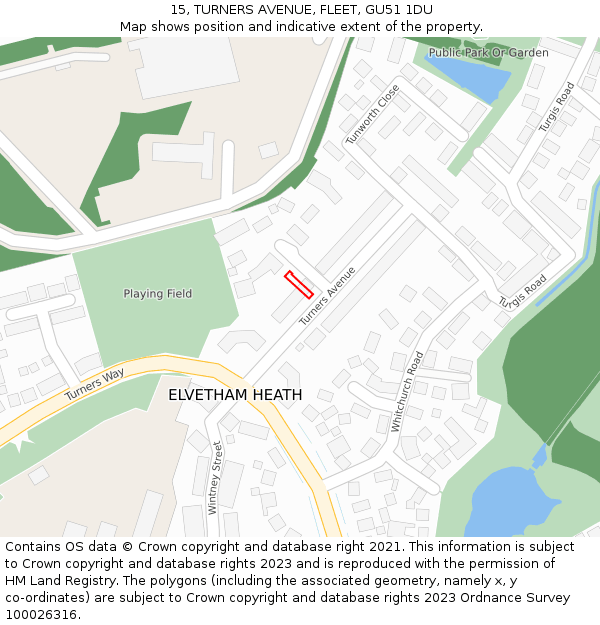 15, TURNERS AVENUE, FLEET, GU51 1DU: Location map and indicative extent of plot