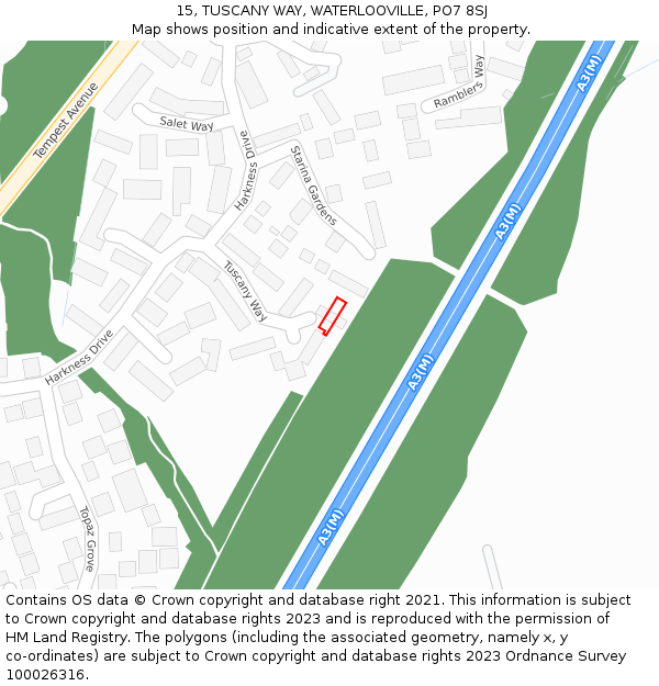 15, TUSCANY WAY, WATERLOOVILLE, PO7 8SJ: Location map and indicative extent of plot