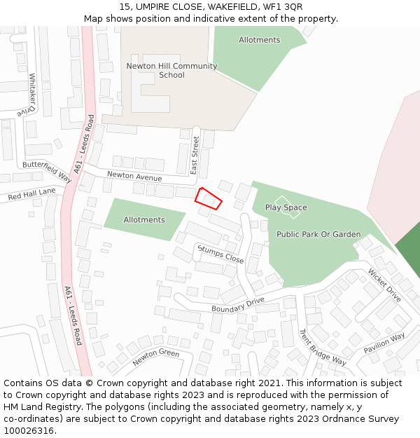 15, UMPIRE CLOSE, WAKEFIELD, WF1 3QR: Location map and indicative extent of plot