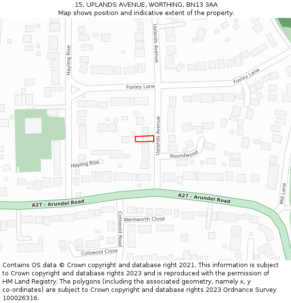 15, UPLANDS AVENUE, WORTHING, BN13 3AA: Location map and indicative extent of plot