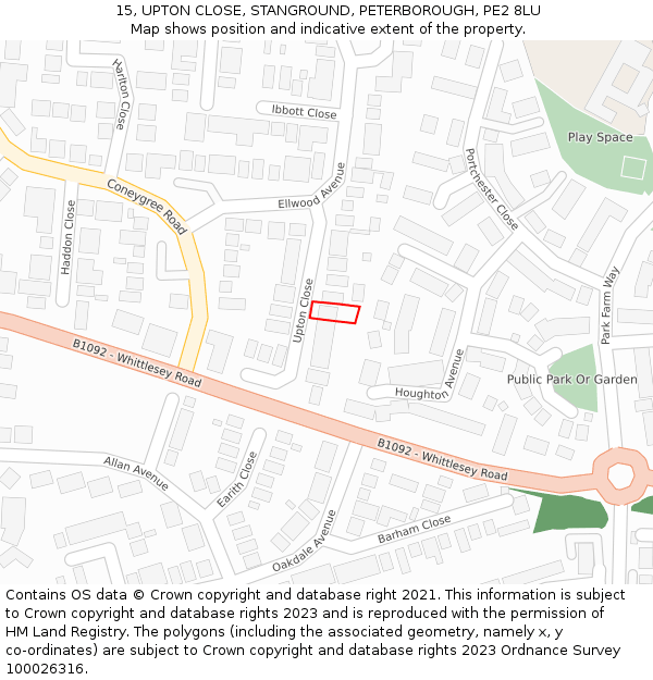 15, UPTON CLOSE, STANGROUND, PETERBOROUGH, PE2 8LU: Location map and indicative extent of plot
