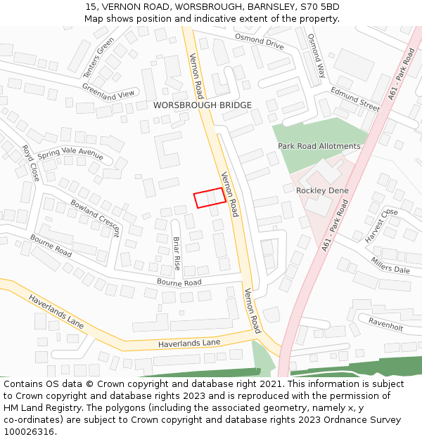 15, VERNON ROAD, WORSBROUGH, BARNSLEY, S70 5BD: Location map and indicative extent of plot
