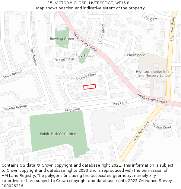 15, VICTORIA CLOSE, LIVERSEDGE, WF15 8LU: Location map and indicative extent of plot