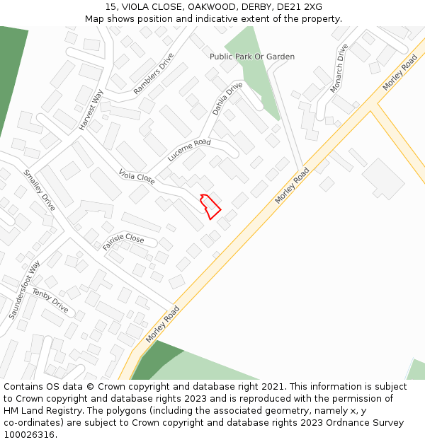 15, VIOLA CLOSE, OAKWOOD, DERBY, DE21 2XG: Location map and indicative extent of plot