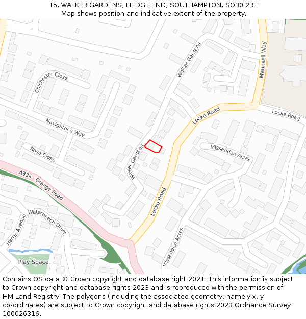 15, WALKER GARDENS, HEDGE END, SOUTHAMPTON, SO30 2RH: Location map and indicative extent of plot