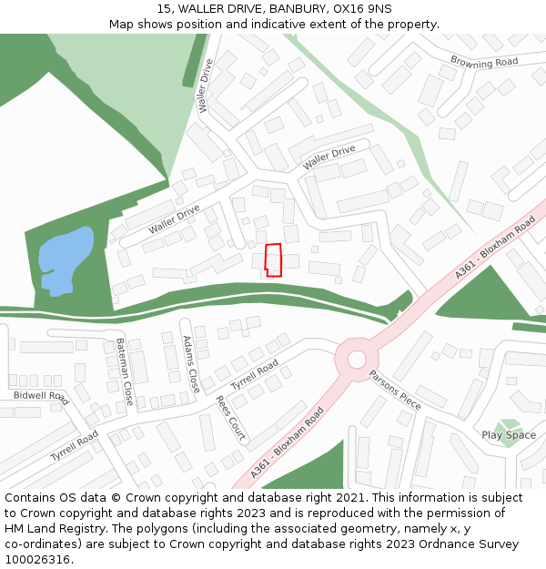 15, WALLER DRIVE, BANBURY, OX16 9NS: Location map and indicative extent of plot