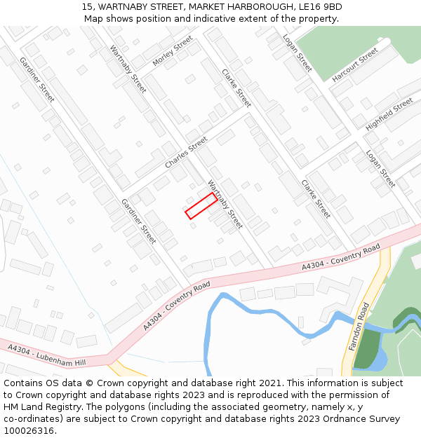 15, WARTNABY STREET, MARKET HARBOROUGH, LE16 9BD: Location map and indicative extent of plot