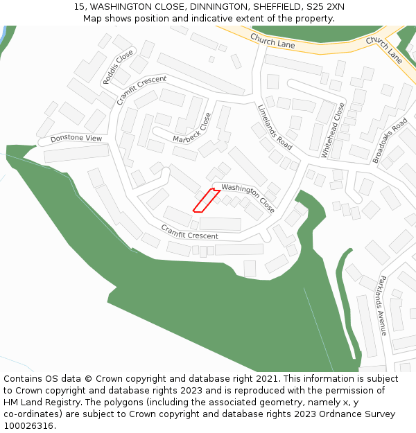 15, WASHINGTON CLOSE, DINNINGTON, SHEFFIELD, S25 2XN: Location map and indicative extent of plot