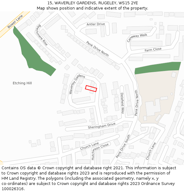 15, WAVERLEY GARDENS, RUGELEY, WS15 2YE: Location map and indicative extent of plot