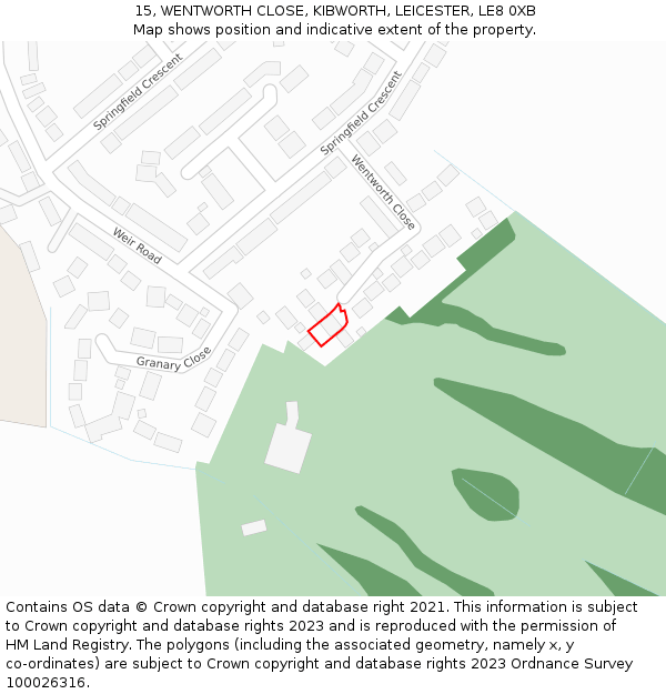 15, WENTWORTH CLOSE, KIBWORTH, LEICESTER, LE8 0XB: Location map and indicative extent of plot