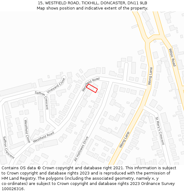 15, WESTFIELD ROAD, TICKHILL, DONCASTER, DN11 9LB: Location map and indicative extent of plot